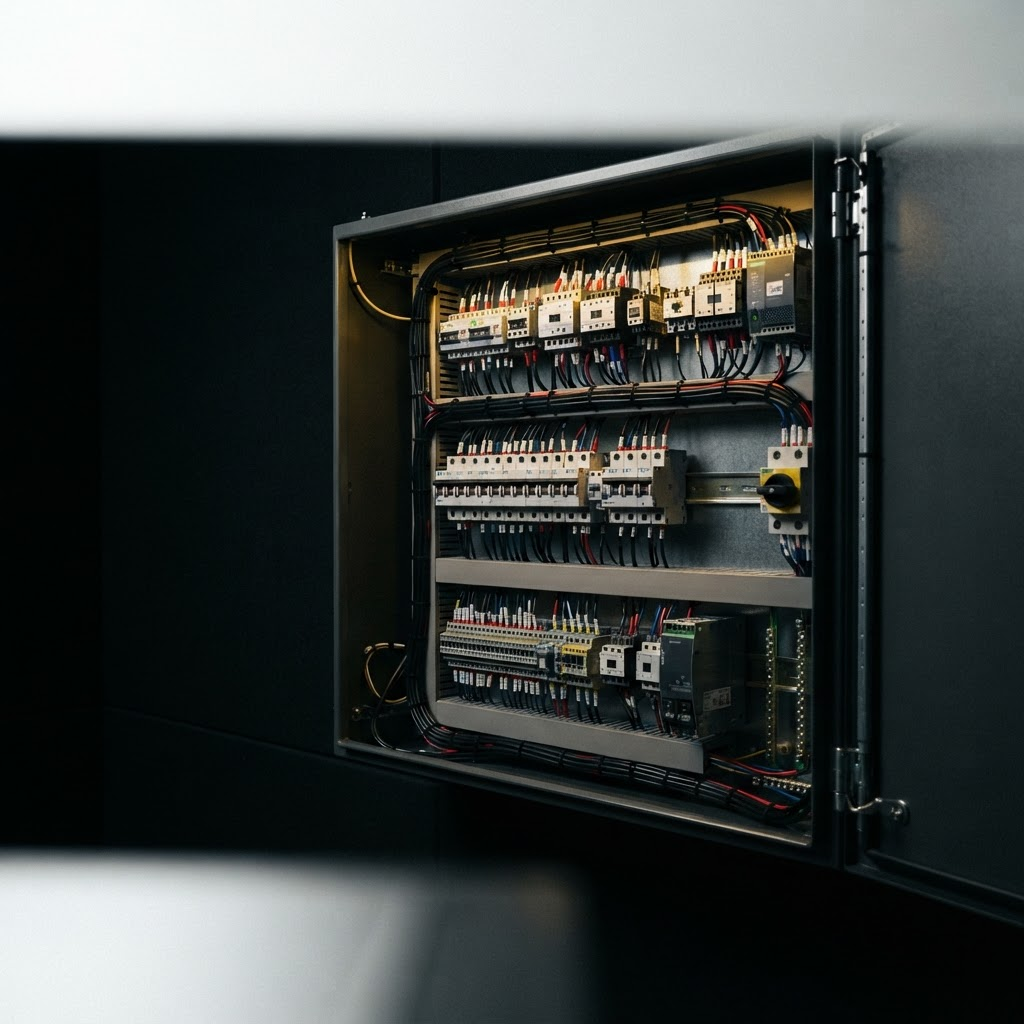 Painel elétrico industrial com cabeamento organizado